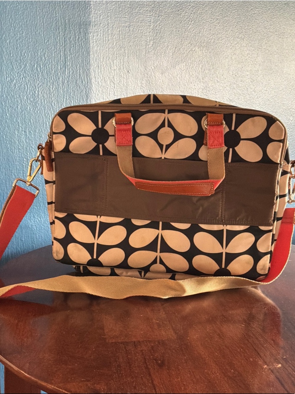 Orla Kiely Black and Tan Laptop Bag with Red Trim